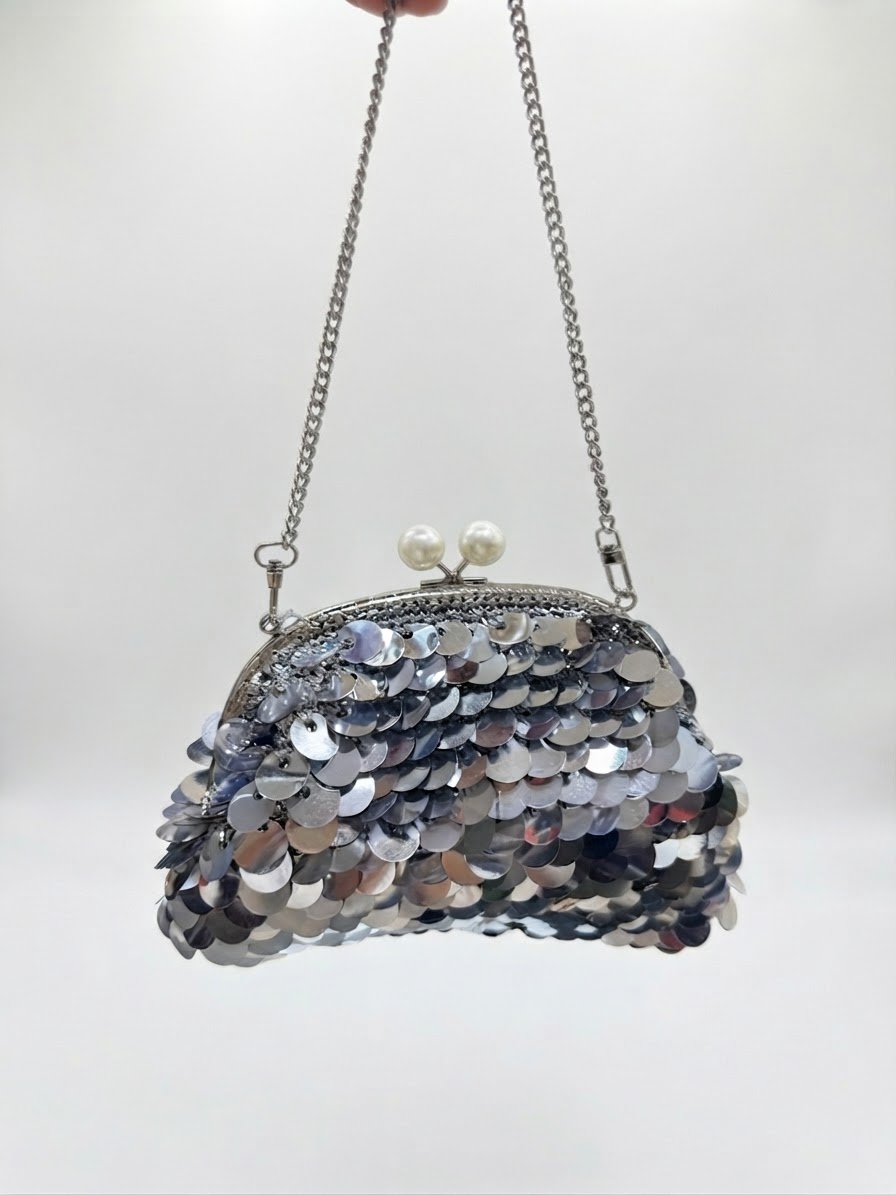 Gümüş Zincirli Payetli Clutch